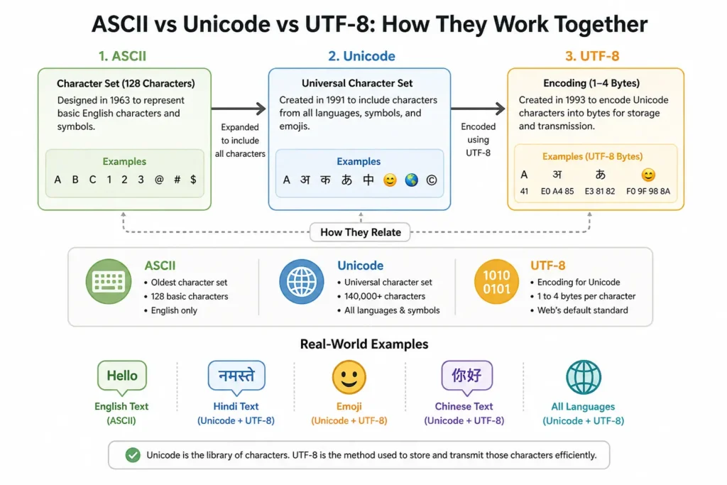 ASCII vs Unicode vs UTF-8 diagram showing character set vs encoding relationship