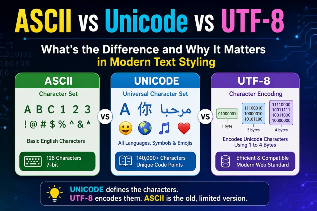 ASCII vs Unicode vs UTF-8 comparison diagram showing character set and encoding differences